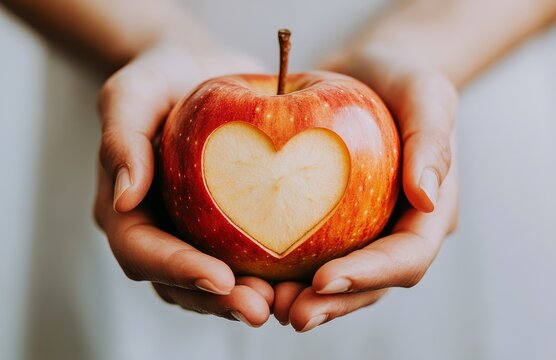 Person holding a heart shaped apple in their hands with a soft background