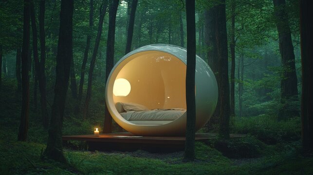 A futuristic pod bed nestled in a dense forest with glowing lights.