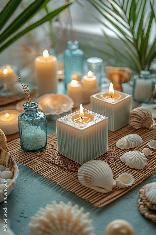 Poster tranquil arrangement of candles and seashells on a table with natural light in a serene setting