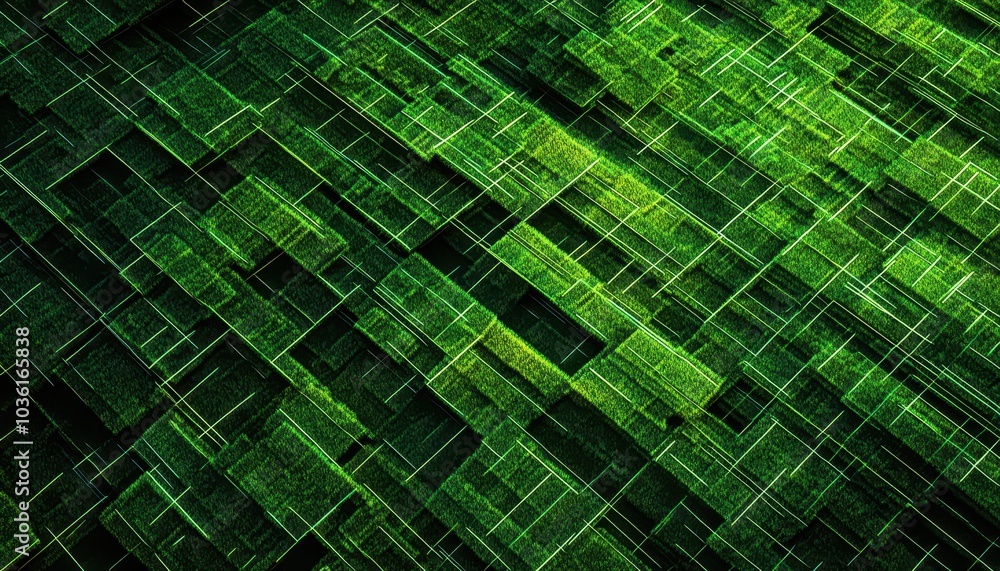 Poster abstract green geometric pattern with varying shapes and textures in a digital space