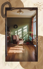 Warm brown armchair in a sunlit living room with a green wall  perfect for cozy home decor and interior design projects   