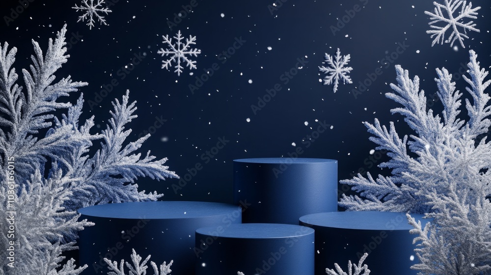 Poster The composition features round blue podiums surrounded by artificial frosty branches and floating snowflakes. The setting evokes a serene winter ambiance, perfect for seasonal displays and events.
