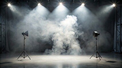 Three spotlights shining through smoke onto a wooden stage