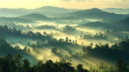 Misty morning sunrise over rolling hills with a forest below.