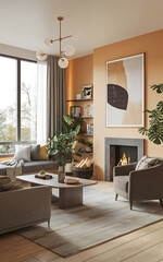 Modern living room design with warm brown and beige tones  featuring a cozy fireplace and a large window   