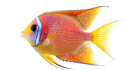 Peppermint Angelfish known for its stunning colors and unique patterns showcases its beauty against a bright white backdrop highlighting its aquatic elegance.