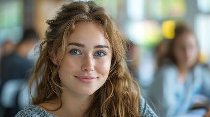 Fototapeta premium Beautiful young woman student, showcasing confidence and intellect, in a university classroom, prepared for her studies