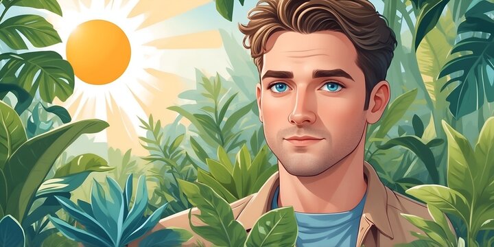 A young man stands near lush greenery with vibrant sunlight shining through in a tropical setting, perfect for a nature-themed channel.