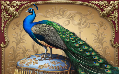 Blue peacock with green feathers on a gold and blue ornate cushion  elegant vintage design  luxury and royalty   
