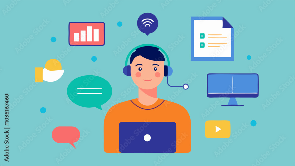 Poster virtual training a participant with hearing aids attending an online training session surrounded by 