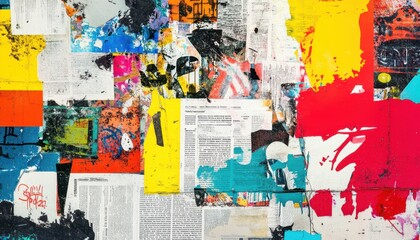 Fototapeta premium Colorful abstract collage with vibrant textures and patterns on urban wall