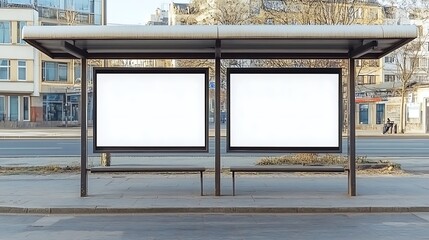 A bus stop shelter with two blank white posters placed side by side, ideal for marketing.