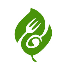 Fork, spoon and leaf logo design. Vegan organic product emblem. Symbol for health restaurant food