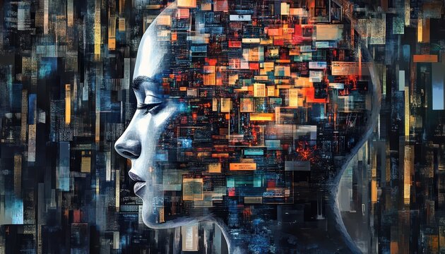 A futuristic profile of a woman blended with digital data and cityscape details - Powered by Adobe