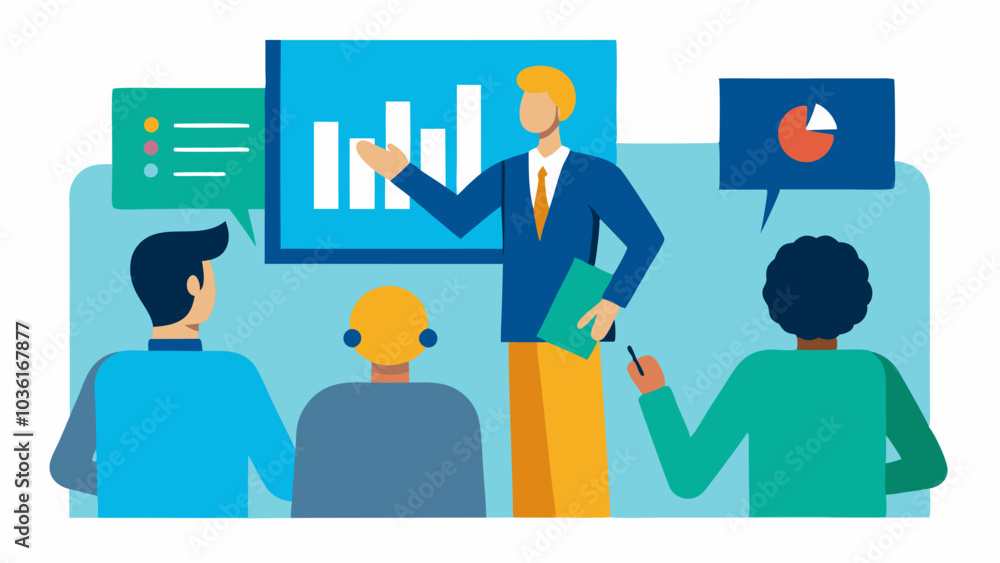Poster visual aid presentation a business meeting where one individual is presenting with visual aids such 