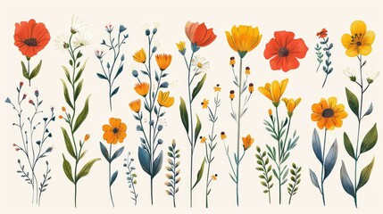 Obraz premium Detailed vector set of spring flowers and greenery, featuring bright colors and intricate details