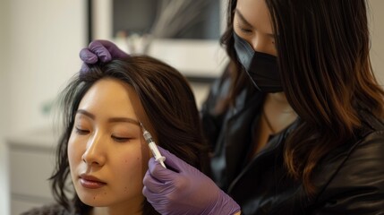 Fototapeta premium Asian girl at a beauty clinic receiving cosmetic surgery for skin whitening and rejuvenation, achieving a youthful appearance