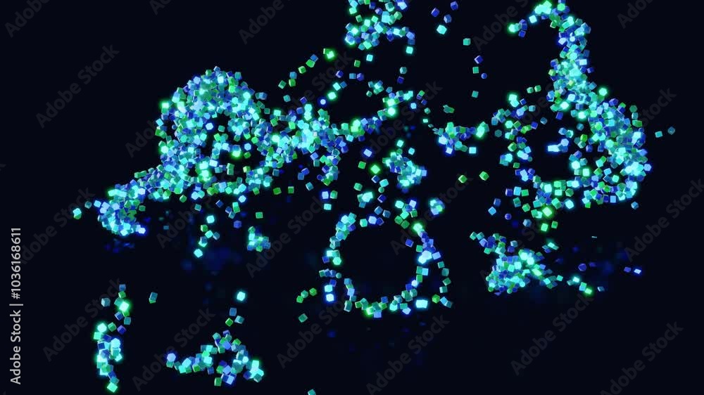 Aufkleber blue cubes fly in air and form pattern in 3d space. cubes light up and go out like a new year's garl