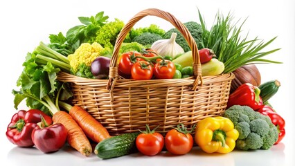 Overflowing wicker basket full of fresh vegetables, isolated on white