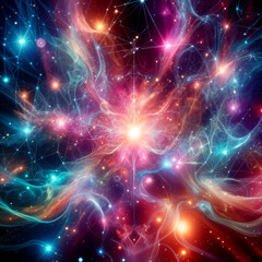 Obraz premium Abstract multicolor background. Connected dots. Space, mysticism, mandala, neural network.