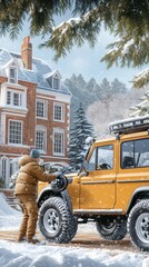 Obraz premium A person dressed for winter is kneeling on a snowy street, fixing the wheel of a car while the city looms in the background