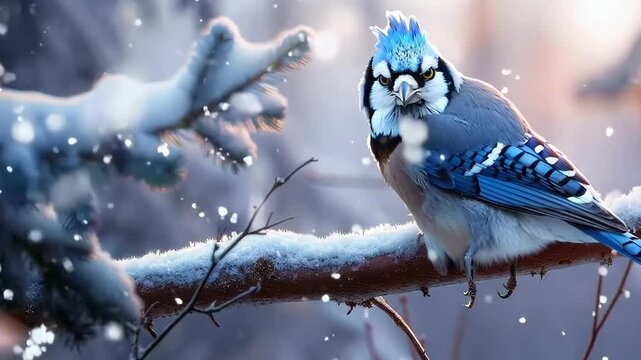 Beautiful blue jay perched on snowy branch, Video