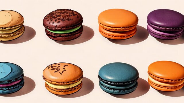 A row of colorful macarons sits on a white surface, ready to be enjoyed