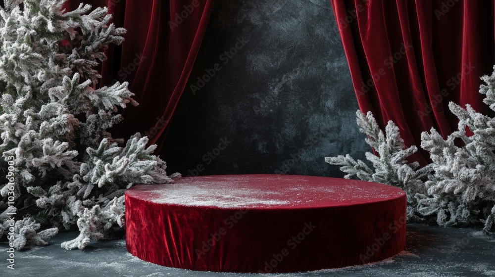 Poster a circular, plush red stage is set in front of rich velvet curtains, surrounded by frosted evergreen