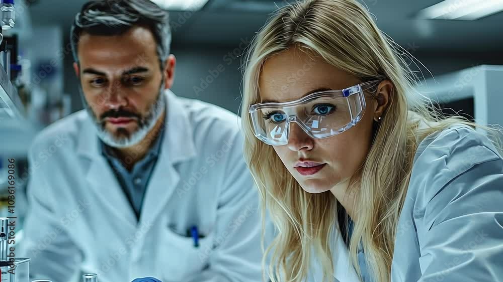 Poster a team of scientists collaborates in a well-equipped laboratory, conducting intricate experiments an