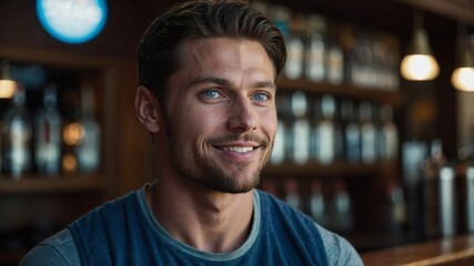 Obraz premium Handsome muscular brunette man smiling warmly at a bar while enjoying a casual evening with friends.
