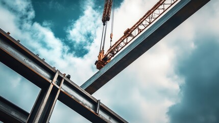 A dynamic shot of a crane lifting steel beams against a cloudy sky at a construction site, Steel lifting scene, Industrial and dramatic style