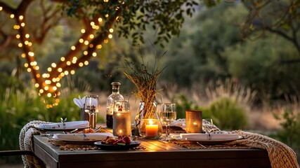 A beautifully arranged outdoor table is set for a romantic dinner, surrounded by twinkling lights and nature's serenity during sunset