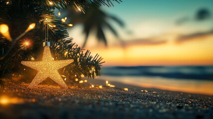 	
Celebration of Christmas or new year on the beach concept. Glowing starfish at sunset
