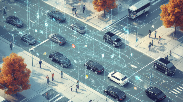 People in a city are sharing rides in cars. A map shows people finding cars nearby. This image is about transportation services, like car rentals and ride-sharing.