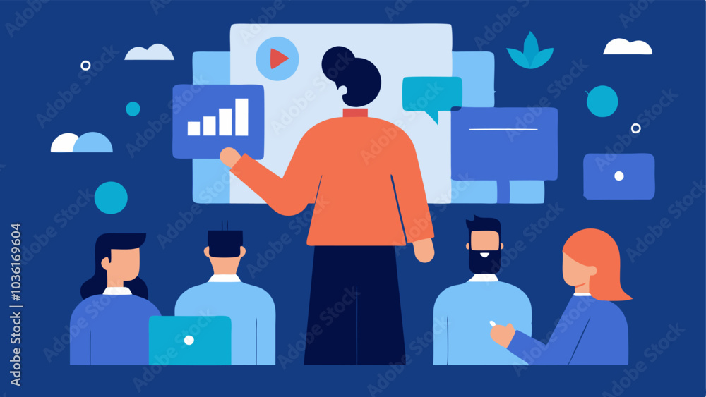 Poster virtual networking a digital depiction of a person presenting in a virtual workshop using a projecto