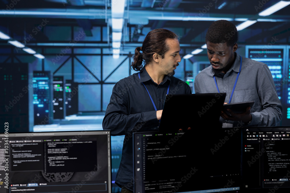 Poster teamworking admins in server farm checking recovery plan, monitoring energy consumption. coworkers i