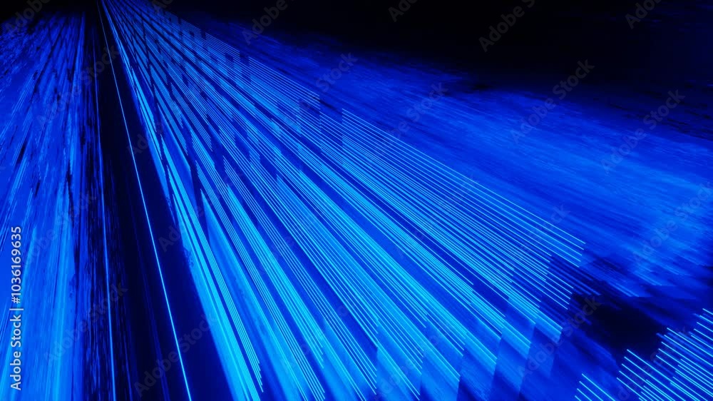 Poster glow blue lines. 4k seamless looped animation. fly through mirror tunnel with neon pattern, glow lin