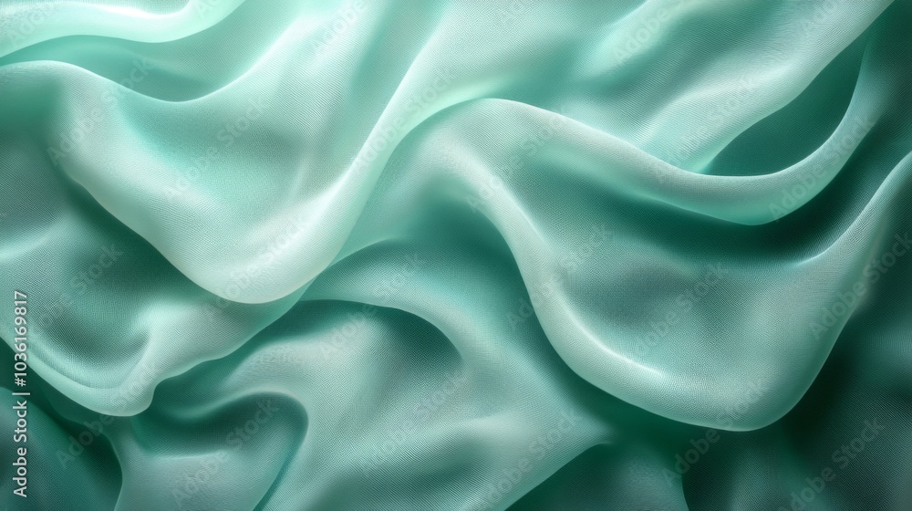 Fototapete The delicate teal fabric flows gently across a flat surface, showcasing rich texture and subtle movement, illuminated by soft ambient light.
