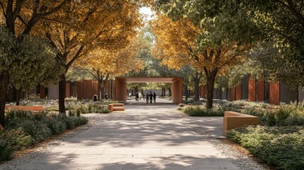 Fototapeta premium A paved pathway lined with trees and benches leads to a modern archway in a park setting.