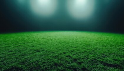 Obraz premium Brightly lit green grass field under stadium lights at night during a sports event