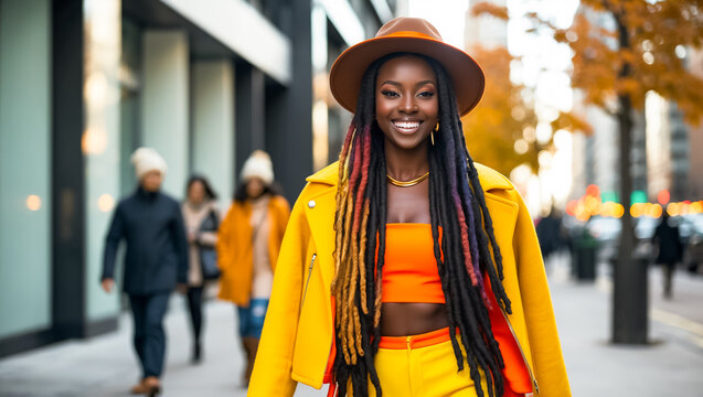 portrait of beautiful fashionable african american girl with dreadlocks, walking on the street autumn