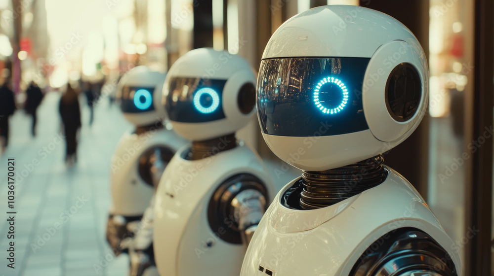 Poster robots and humans work together using artificial intelligence to analyze massive amounts of data fro