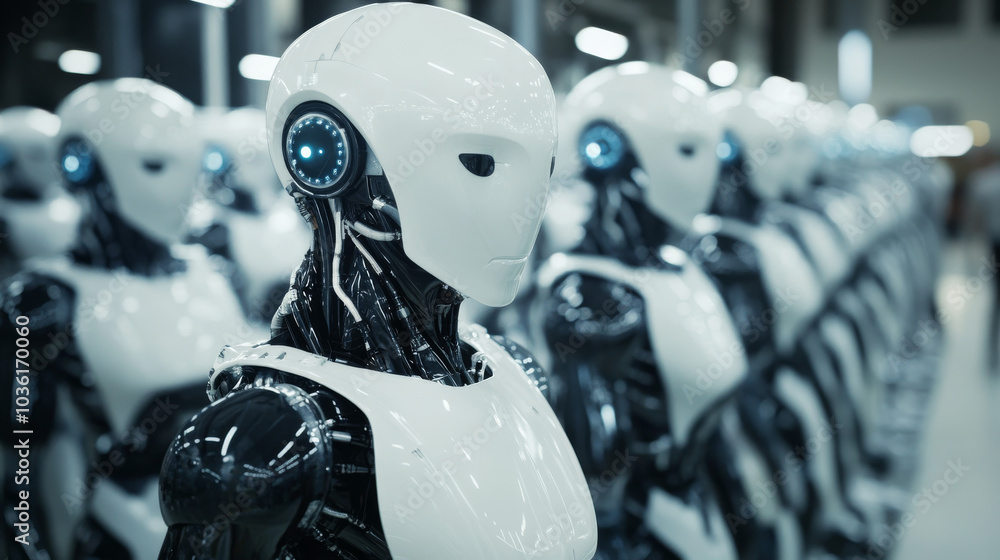 Poster robots and humans work together using artificial intelligence to analyze massive amounts of data fro