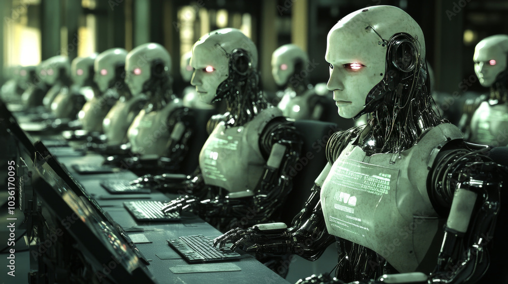 Poster robots and humans work together using artificial intelligence to analyze massive amounts of data fro