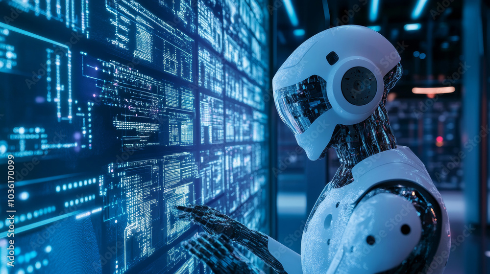 Poster robots and humans work together using artificial intelligence to analyze massive amounts of data fro