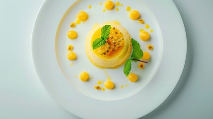 Round Passion Fruit Mousse Dessert with Pulp and Mint on White Plate