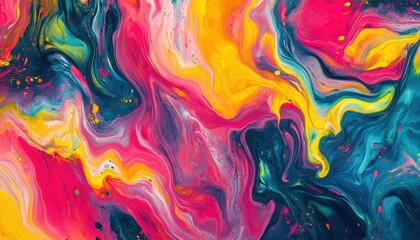 Vibrant abstract swirl of pink, yellow, and blue colors on a textured canvas