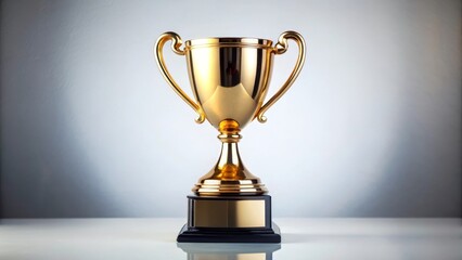 Golden award trophy is standing on a white surface with a grey background
