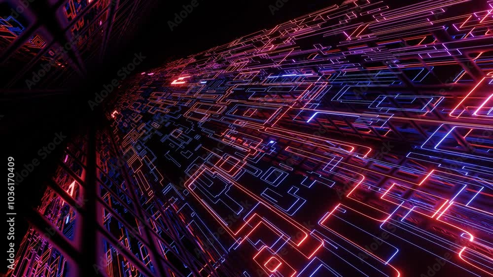 Poster hi-tech neon sci-fi tunel. trendy neon glow lines form pattern and construction in mirror tunnel. fl