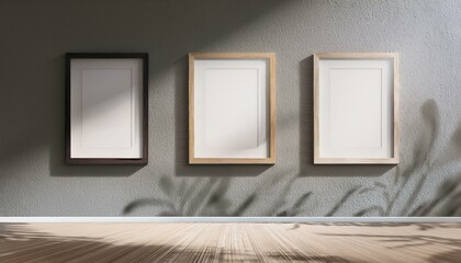 Clean gallery mockup with empty frames in modern interior space. 3D Rendering